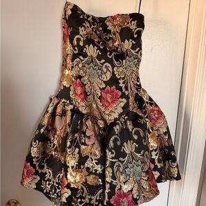 AKIRA Dress - Black, Gold, and Red Floral